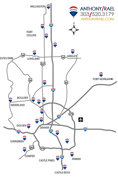 RE/MAX Alliance Colorado Offices serve Colorado Front Range communities including Arvada,&nbsp;Aurora, Boulder, Brighton, Broomfield, Castle Pines, Castle Rock, Conifer, Denver, Evergreen, Fort Collins, Golden, Greeley, Highlands Ranch, Lakewood, Littleton, Longmont, Louisville, Loveland, Nederland, Parker, Thornton, Westminster and Wellington, we've got you covered in Colorado! Whether you are moving across the street or across the country we are here to help.&nbsp;RE/MAX Alliance Agent & Realtor Anthony Rael is available to serve all your real estate needs.